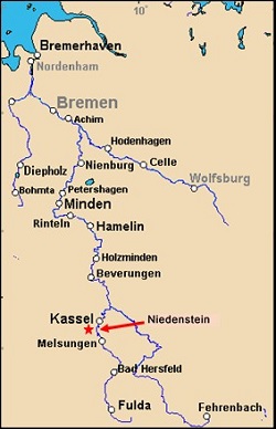 Map showing Bremerhaven on the North Sea, Niedenstein, and the Weser River Valley in Germany.